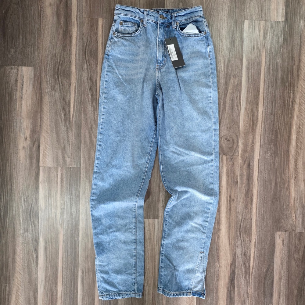 Nasty Gal Collection High Waisted Straight Leg Jeans Light Wash Size 2 Slit Hem